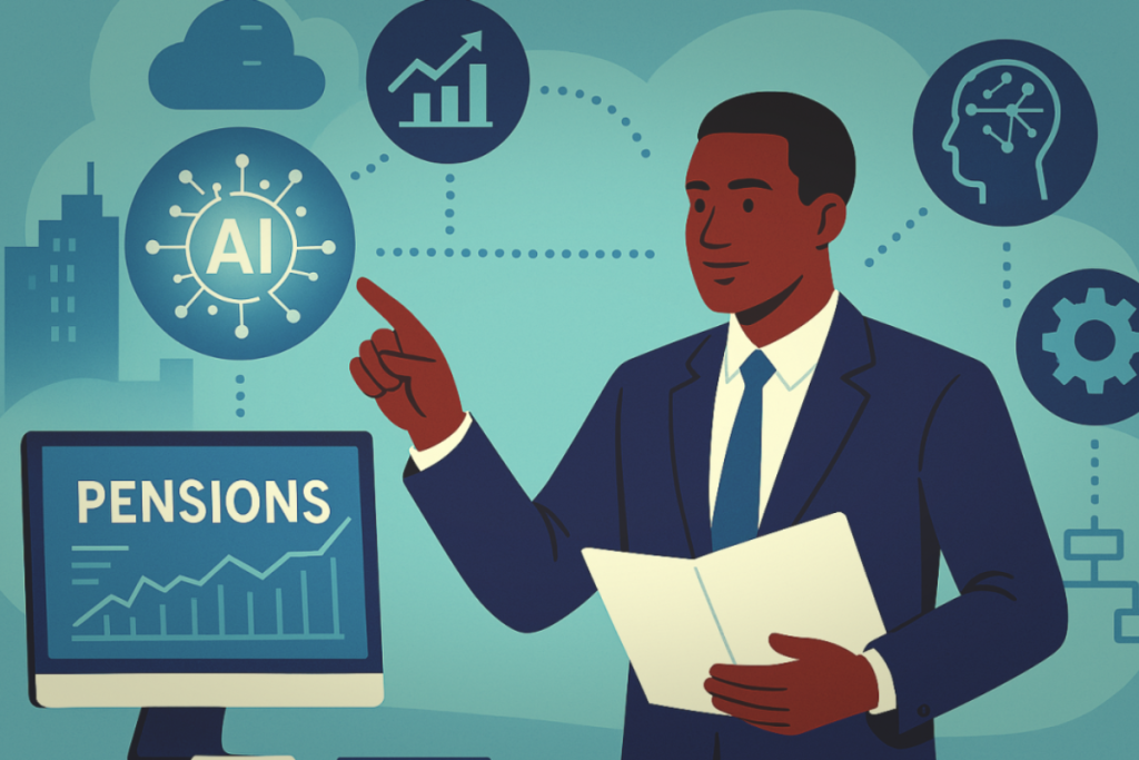 Person pointing to a bubble with AI written in it above a monitor with the word Pensions on it.