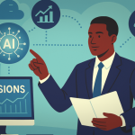 Person pointing to a bubble with AI written in it above a monitor with the word Pensions on it.